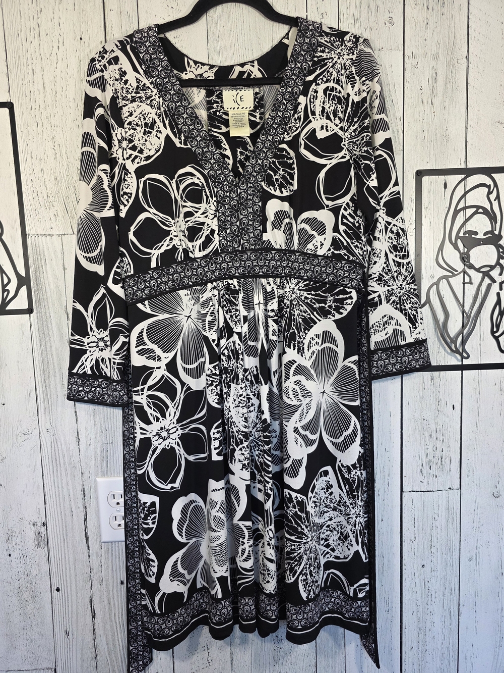 ICE Black White Floral Empire Waist Midi Dress Size 14 Y2K Style